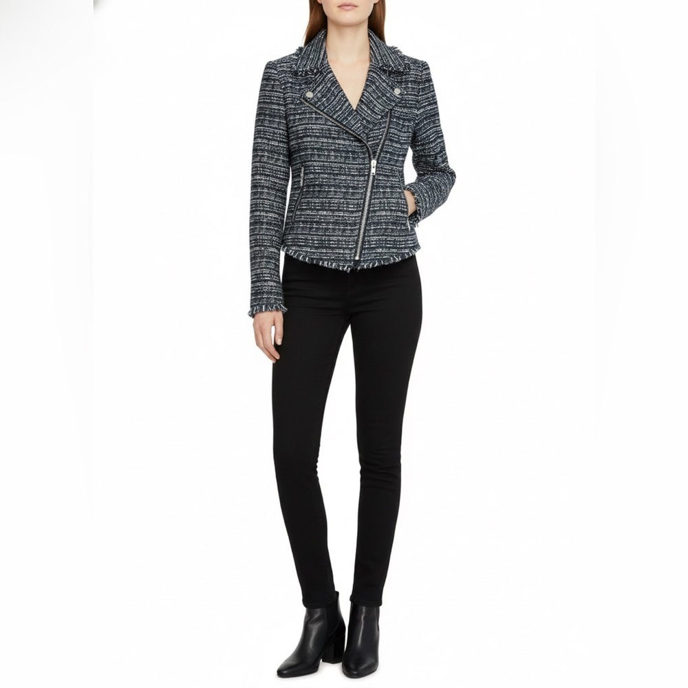 Free People Black Tweed Moto Jacket XS Cropped Zip Front Boho Luxe